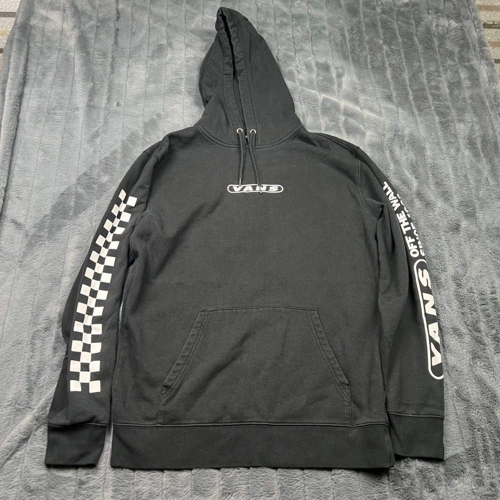 Vans Off The Wall Hoodie Black Checkerboard Sleeve Pullover Sweatshirt Medium